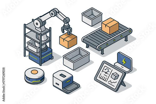 Isometric collection of smart factory automation elements, robotic arm, conveyor belt, and control systems