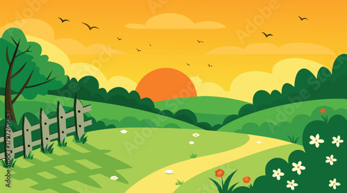 Sunset landscape with rolling hills and a wooden fence