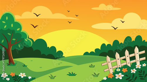 Sunset landscape with birds and a wooden fence