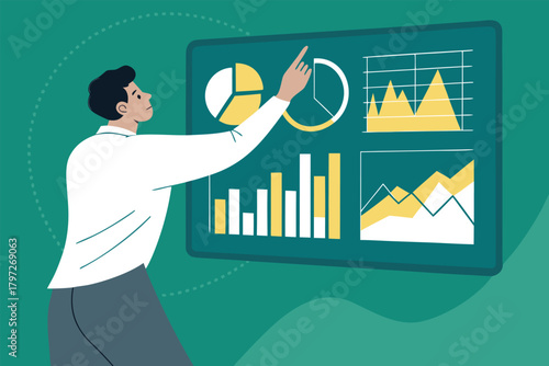 Focused man intently analyzing digital analytics dashboard, screen glow on face, data visualization, business growth, strategizing,fingers pointing, data-driven decisions.