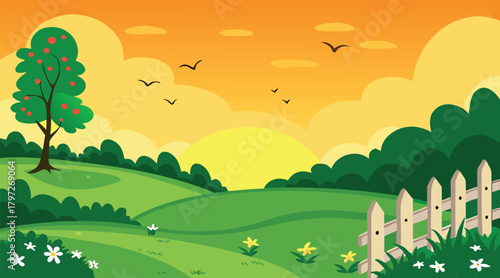 Sunset landscape with birds and a tree