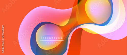 Abstract fluid shapes overlap, creating vibrant color gradients. Orange background complements pink, blue, yellow hues. Modern design element.