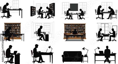 study, reading, working, silhouette, desk, laptop, book, paper, lamp, collaboration, concentration, productivity, learning, home, library