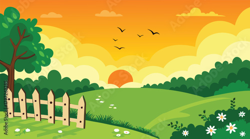 Sunset landscape with birds flying over green field