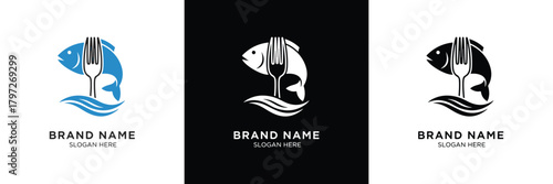 Three logos with hand-head silhouettes and 'BRAND NAME' placeholder, each in different color schemes: blue, white, and black.