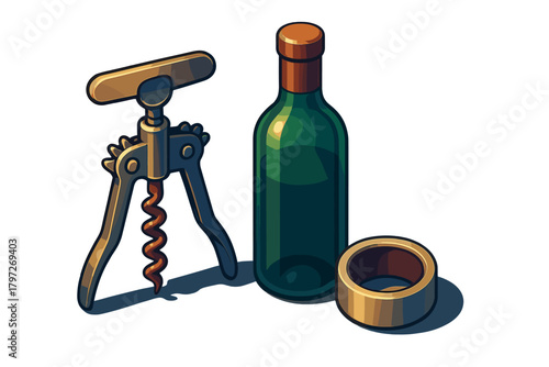 Traditional corkscrew tool and sealed green glass bottle with golden neck ring