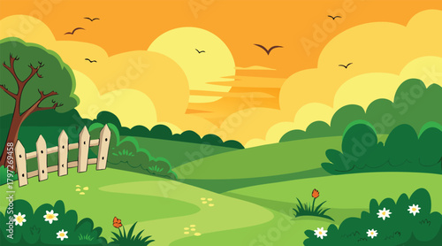 Sunset landscape with field, fence, and birds