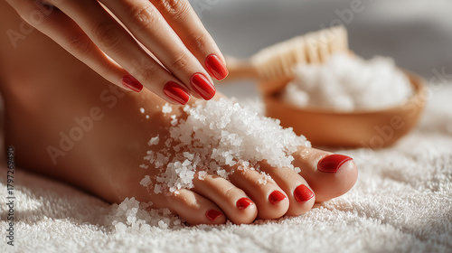 A woman's well-groomed feet and hands with red nail polish during a relaxing spa treatment. She gently applies coarse sea salt to her toes, suggesting exfoliation or a foot scrub. 