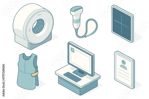 Isometric icons set of medical diagnostic equipment including MRI scanner, ultrasound probe, -ray plate, and lead apron