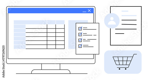 Computer screen displaying a table, checklist, user profile, and shopping cart. Ideal for task organization, e-commerce, user data, digital workflow, productivity online forms simple flat metaphor