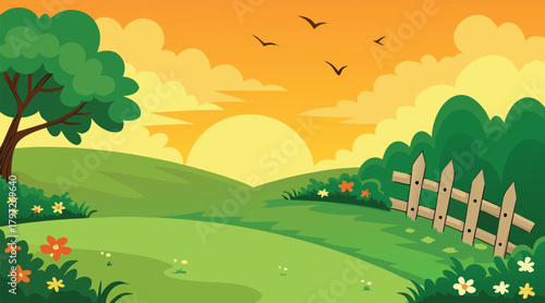 Sunny countryside landscape with birds and a wooden fence