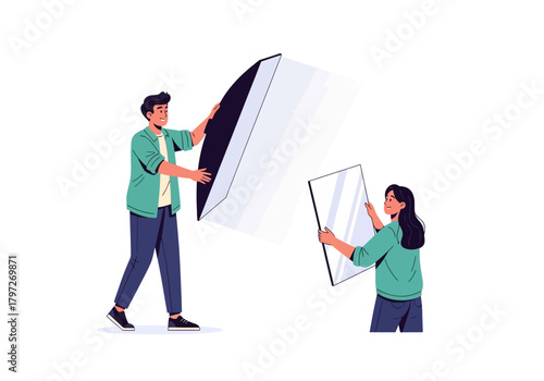 Two people holding a softbox and a reflector, illustration style.