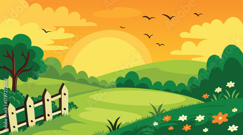 Sunset landscape with birds flying over green hills