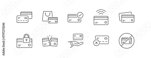 Credit Card Icon Set – Line Style, Editable Stroke