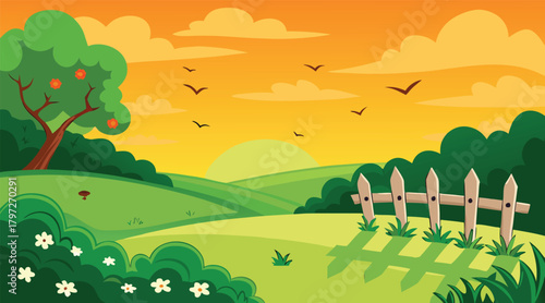 Sunset landscape with birds flying over green fields