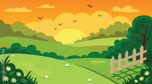 Sunset landscape with rolling hills and birds flying