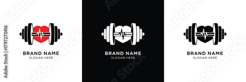 Three fitness brand logos featuring dumbbell and heartbeat icons, with black, red, and white color schemes for branding.