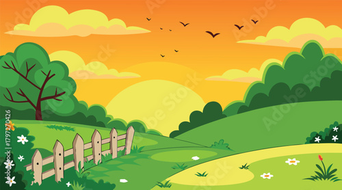 Countryside scene with sunset, birds, and a wooden fence
