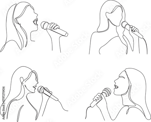 Set of Continuous One Line Drawing of a Woman Singing