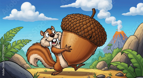 Hilarious cartoon squirrel clutching giant acorn with prehistoric volcano background - perfect for animation, children's books, and fun educational content