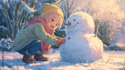 Joyful Winter Scene with Child Building a Snowman in Anime Style