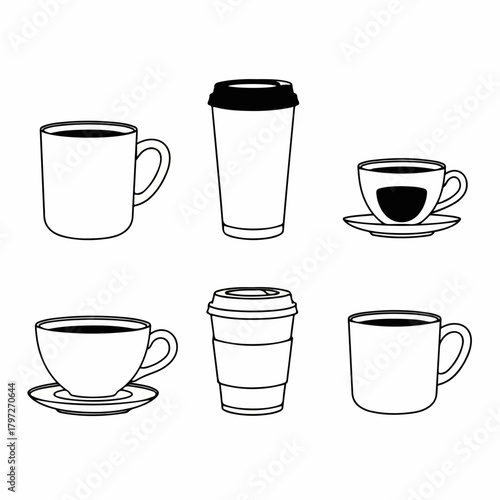 Vector outline icons of hot drink containers including ceramic mugs, classic teacups with saucers, and disposable takeaway coffee cups.