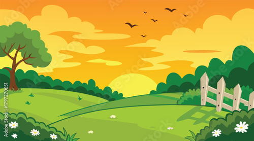 Sunset landscape with birds flying over green field
