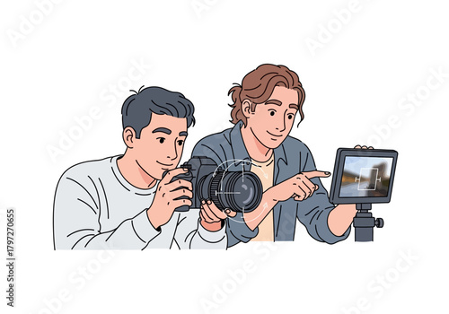 Two Photographers Reviewing Images on Camera and Monitor Screen