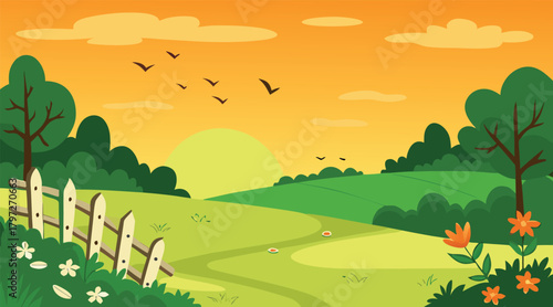 Sunset landscape with birds flying over green fields