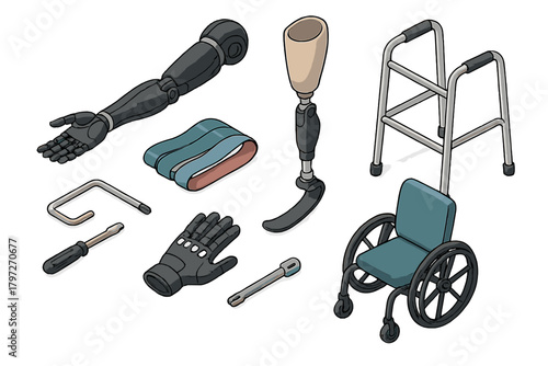 Group of essential mobility aids and advanced prosthetic devices for physical rehabilitation and support