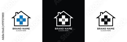 Three sleek house logos with medical cross symbols, ideal for healthcare or real estate branding. Clean and modern design.
