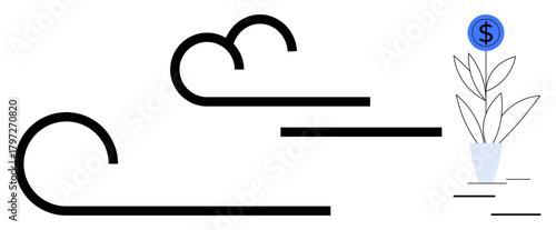 Stylized wind blowing toward potted money plant symbolizing growth and investment. Ideal for finance, sustainability, investment, growth, nature, wealth, innovation. Simple flat metaphor