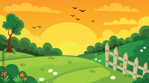 Sunset landscape with birds flying over green field