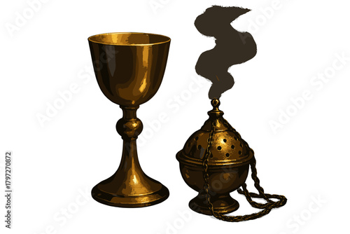 Antique golden chalice and smoking brass censer used for religious rituals