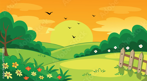 Sunset landscape with rolling hills and birds flying