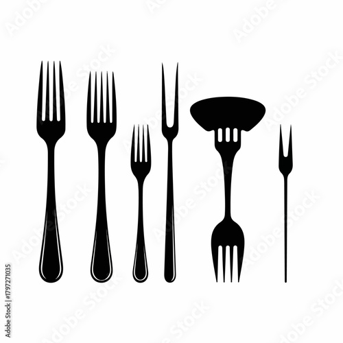 Collection of six black silhouette forks, including dinner, carving, and serving utensils, representing diverse eating and restaurant flatware icons.