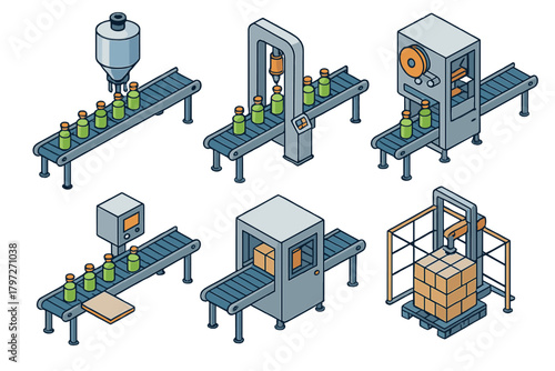 Automated production line stages with bottling, packaging, and robotic palletizing machinery on conveyor belts