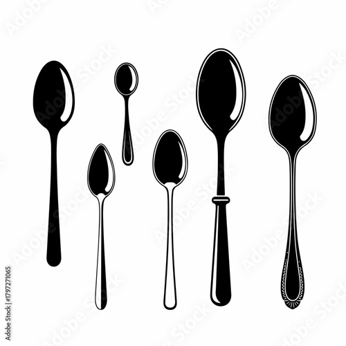 Black and white silhouette vector set of various antique and modern dining spoons and kitchen cutlery.