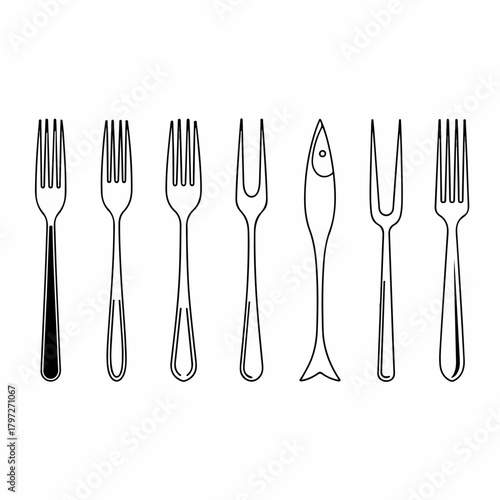A vector illustration set displaying various types of cutlery forks, including dinner, serving, carving, and specialized fish forks in black outline.