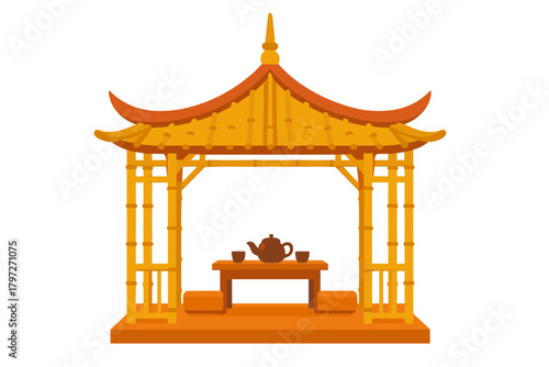 Traditional Asian wooden gazebo with curved roof and interior tea setting