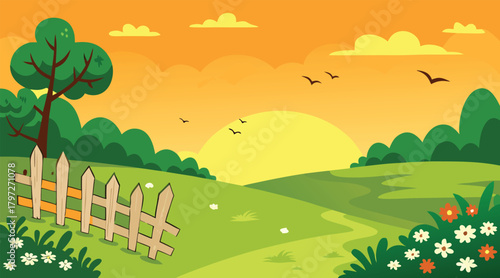 Sunset landscape with fence and birds flying