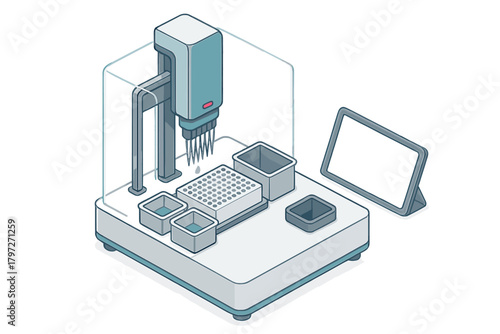 Automated laboratory liquid handling robot dispensing samples into a microplate with a digital tablet control interface