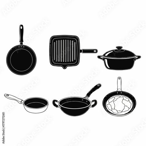 Cookware Icons Set: Black and white illustration of kitchen pots, frying pans, grill pan, wok, and saucepan silhouettes on white background.