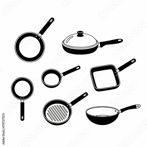 Black and white vector icon set featuring a collection of various kitchen frying pans, skillets, grill pans, and woks isolated on white background.