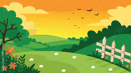 Countryside landscape with birds flying over green hills