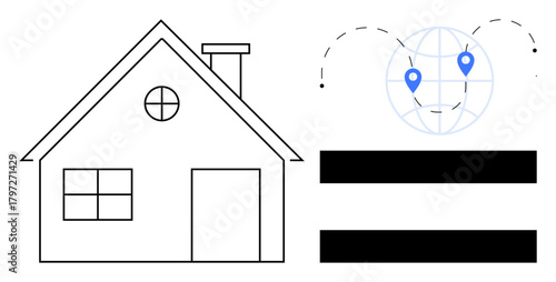 House with windows, door, and chimney paired with globe displaying location markers, curved arrows, and equality bars. Ideal for connectivity, communication, equality, globalization technology