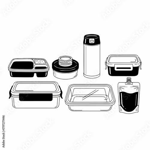 Outline vector set of various portable food containers, lunch boxes, thermos bottle, and reusable snack pouches for meal preparation.