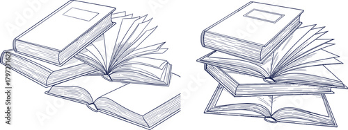 Stack of Books with Open Pages Linear Drawing Study Time Reading Concept School Education Vector Art Knowledge Literature Library