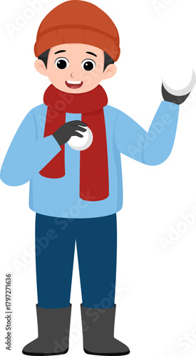 Boy holding snowball - Winter vector illustration