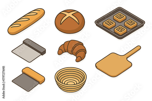 Fresh baked goods like baguette and croissant with essential bread making tools